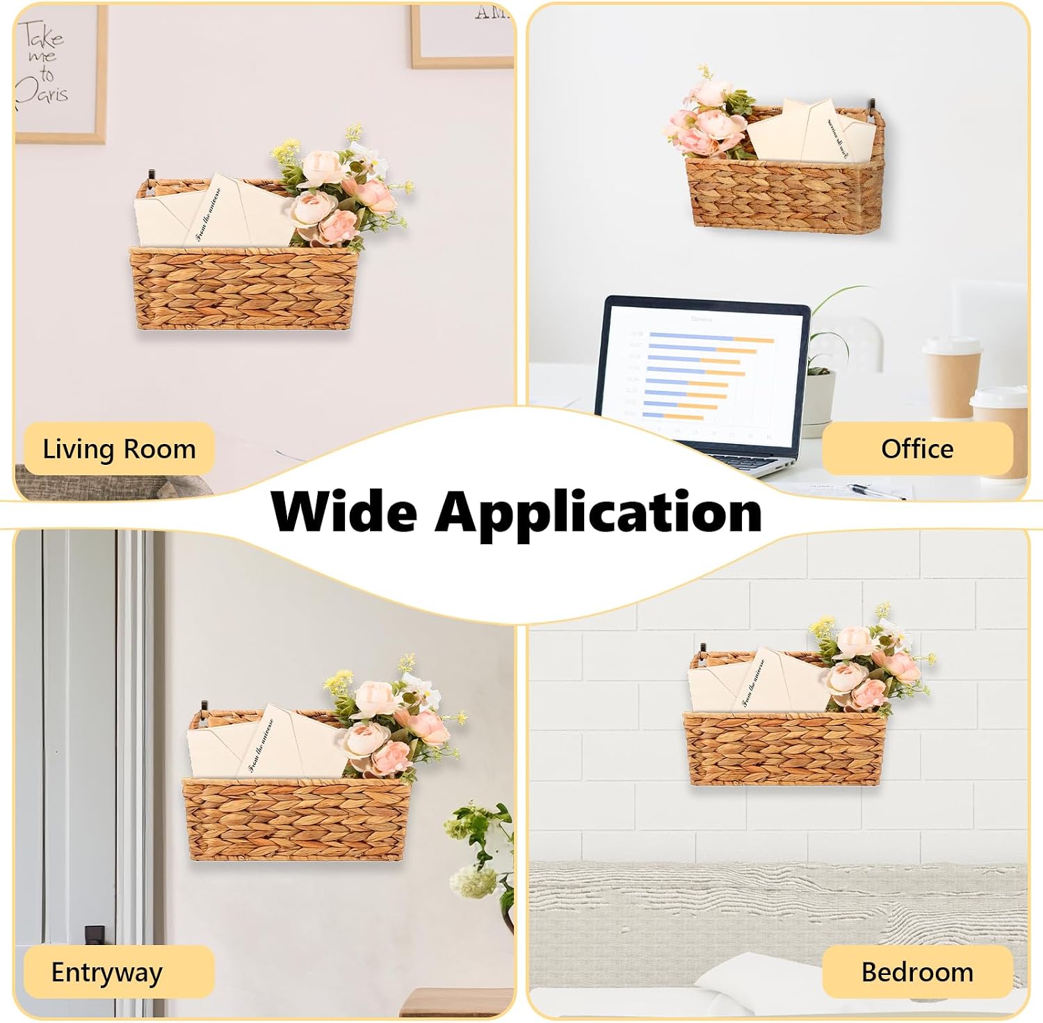 2 Pcs Woven Mail Holder Wall Mount Basket 9.25x1.57 Inch Rattan Wall Letter Holder Wicker Wall Basket Storage Water Hyacinth Hanging Storage Basket with Hooks for Mail Envelope Office